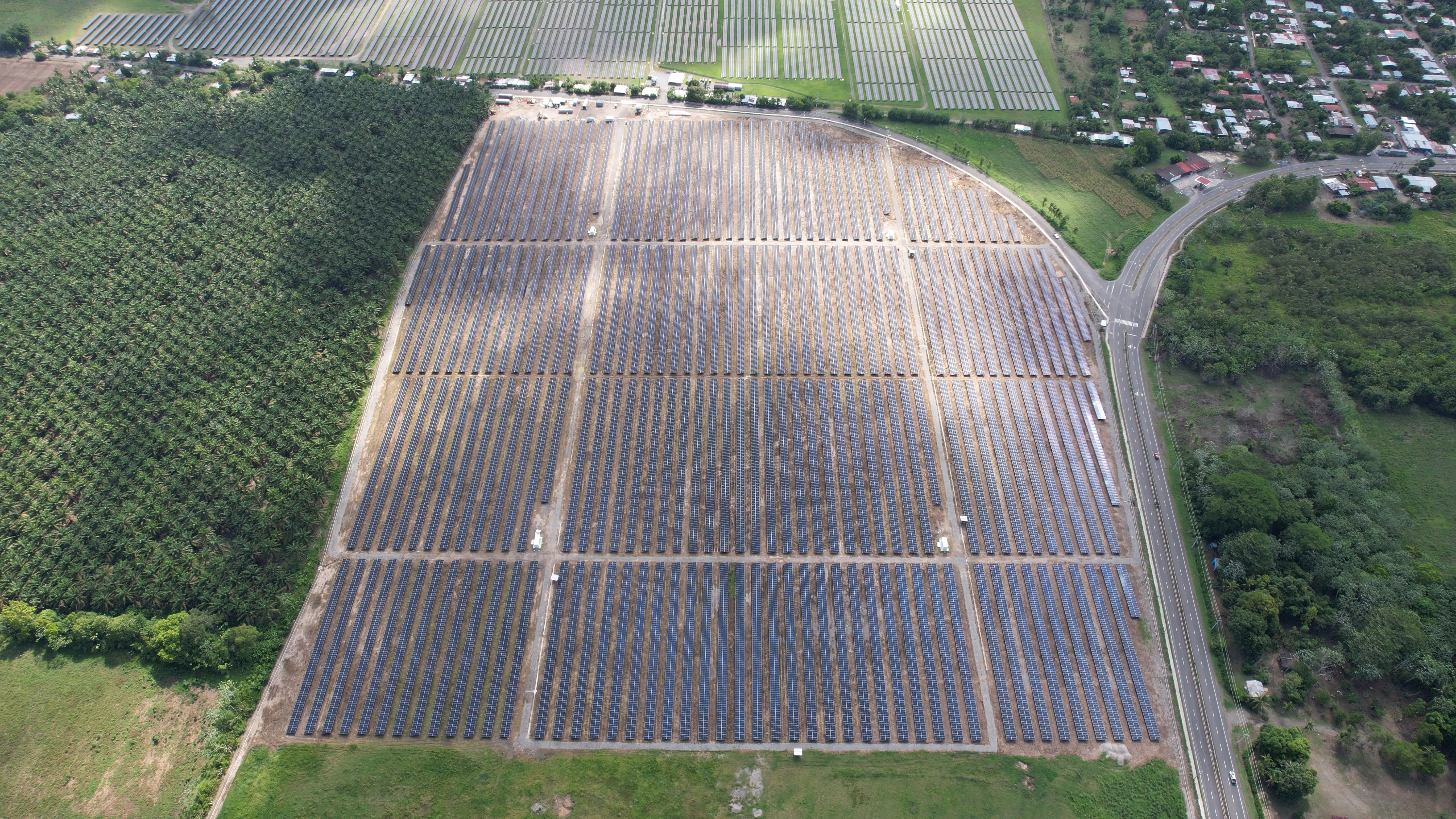 Aerial view of a large ground-mount solar plant bordered by a palm plantation and a highway