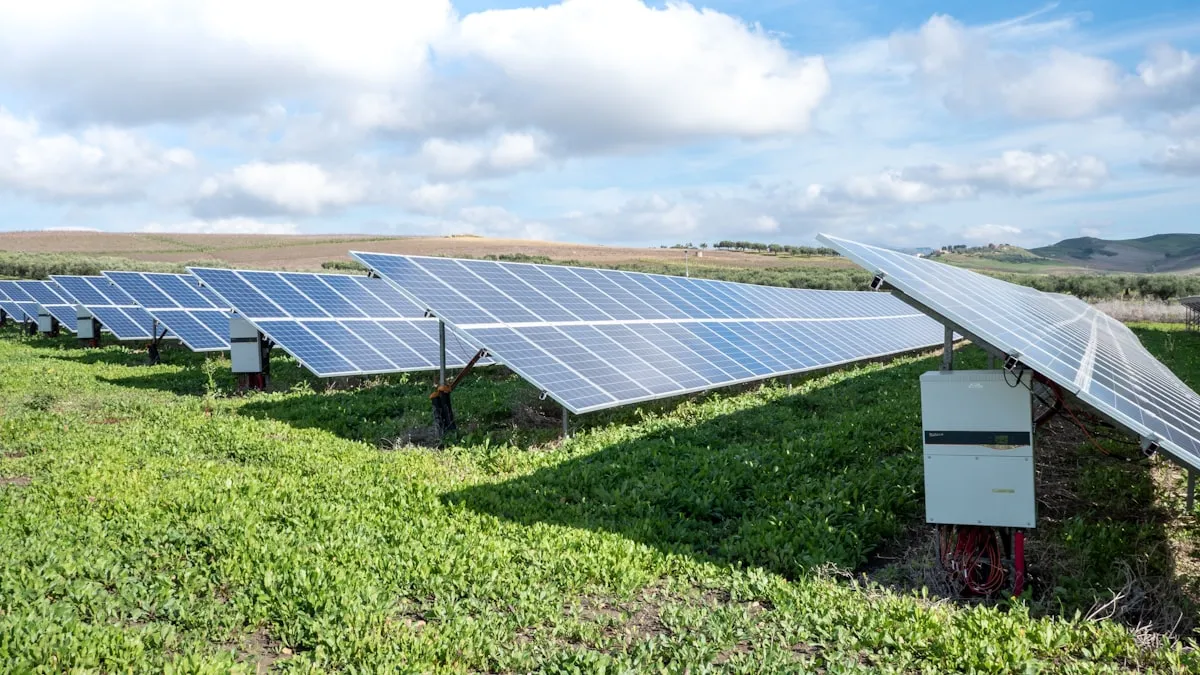 Landscape view of blue solar panels under an open sky